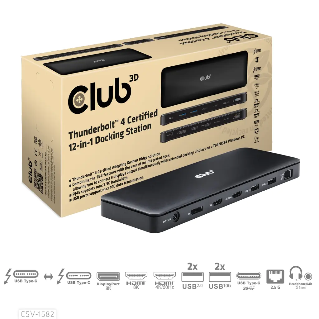 Club 3D 12-in-1 - Dockingstation - für Desktop, Laptop - USB-C / USB4 / Thunderbolt 3 / Thunderbolt 4 - 2 x HDMI, DP, Thunderbolt 4 - 2.5GbE - 134 Watt