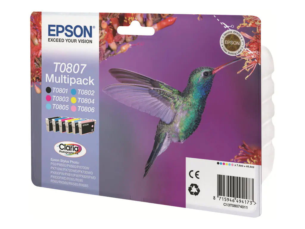 Epson T0807 Multipack - 6er-Pack - 44.4 ml - Schwarz, Gelb, Cyan, Magenta, hellmagentafarben, hell Cyan - Original - Blisterverpackung - Tintenpatrone - für Stylus Photo P50, PX650, PX660, PX700, PX710, PX720, PX730, PX800, PX810, PX820, PX830 Epson T0807 Multipack - 6er-Pack - 44.4 ml - Schwarz, Gelb, Cyan, Magenta, hellmagentafarben, hell Cyan - Original - Blisterverpackung - Tintenpatrone - für Stylus Photo P50, PX650, PX660, PX700, PX710, PX720, PX730, PX800, PX810, PX820, PX830