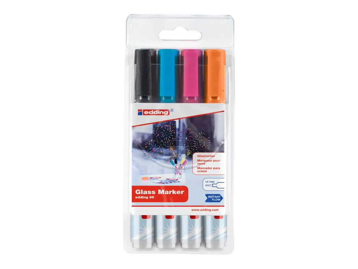 EDDING 95 - Marker - für Glas, Glasscheibe, Whiteboard - Schwarz, Orange, rosa, Hellblau - 1.5-3 mm (Packung mit 4) 954999