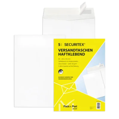 SECURITEX® Papprückwandtasche DIN B4 ohne Fenster 130g/m² mit Haftklebung Papier weiß 5 St./Pack. SECURITEX® Papprückwandtasche DIN B4 ohne Fenster 130g/m² mit Haftklebung Papier weiß 5 St./Pack.