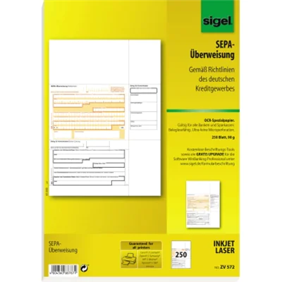 SIGEL Überweisung ZV572 DIN A4 für InkJet/Laser-Drucker 250 Bl./Pack. SIGEL Überweisung ZV572 DIN A4 für InkJet/Laser-Drucker 250 Bl./Pack.