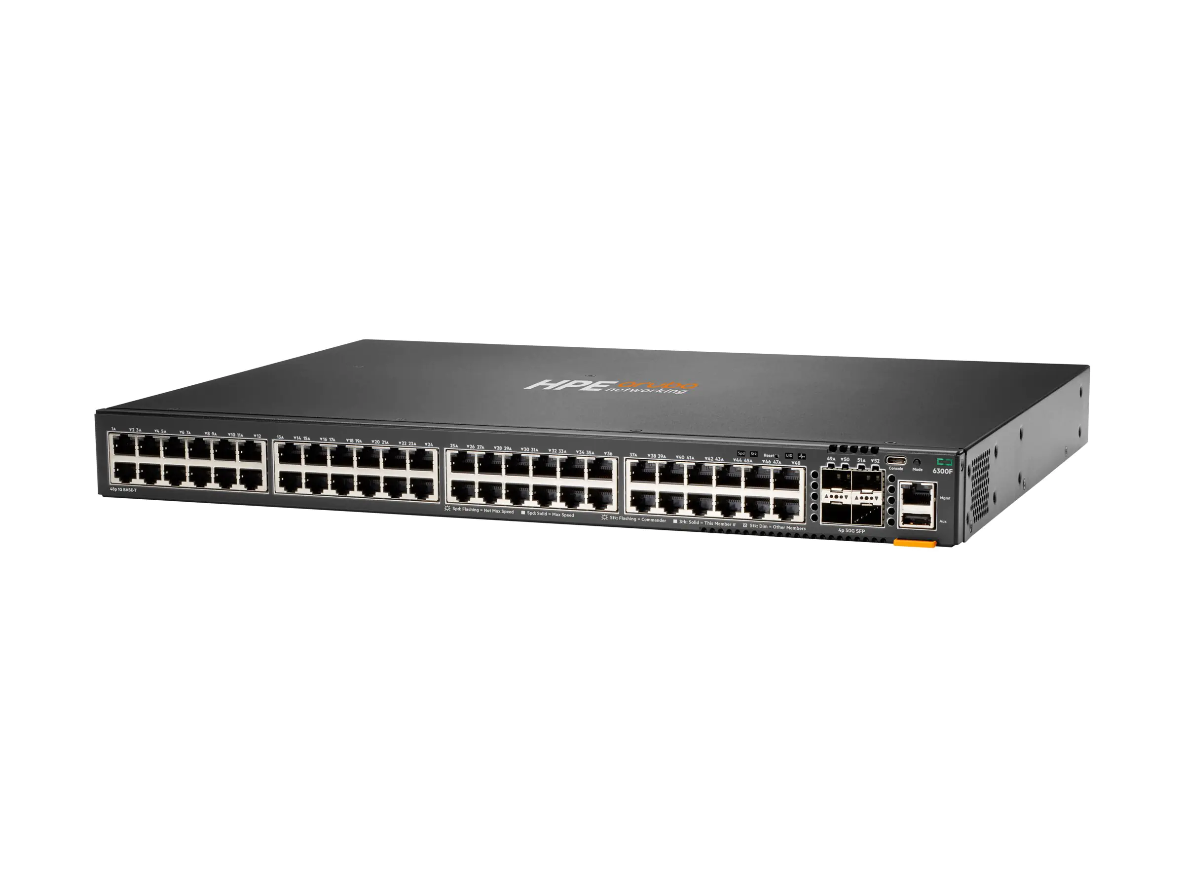 HPE Aruba 6300F - Switch - L3 - managed - 48 x 10/100/1000 + 4 x 1 Gigabit / 10 Gigabit / 25 Gigabit / 50 Gigabit SFP56 (Uplink / Stacking) - Front und Seite zu Hinterseite - an Rack montierbar