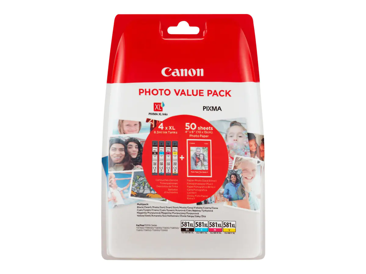 Canon CLI-581XL C/M/Y/BK Photo Value Pack - 4er-Pack - 8.3 ml - Hohe Ergiebigkeit - Schwarz, Gelb, Cyan, Magenta - Original - Tintenbehälter- / Papierpaket - für PIXMA TS6251, TS6350, TS6351, TS8251, TS8252, TS8350, TS8351, TS8352, TS9550, TS9551 Canon CLI-581XL C/M/Y/BK Photo Value Pack - 4er-Pack - 8.3 ml - Hohe Ergiebigkeit - Schwarz, Gelb, Cyan, Magenta - Original - Tintenbehälter- / Papierpaket - für PIXMA TS6251, TS6350, TS6351, TS8251, TS8252, TS8350, TS8351, TS8352, TS9550, TS9551