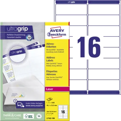 Avery Zweckform Adressetikett ultragrip 99,1 x 33,9 mm (B x H) Papier weiß 1.600 Etik./Pack.