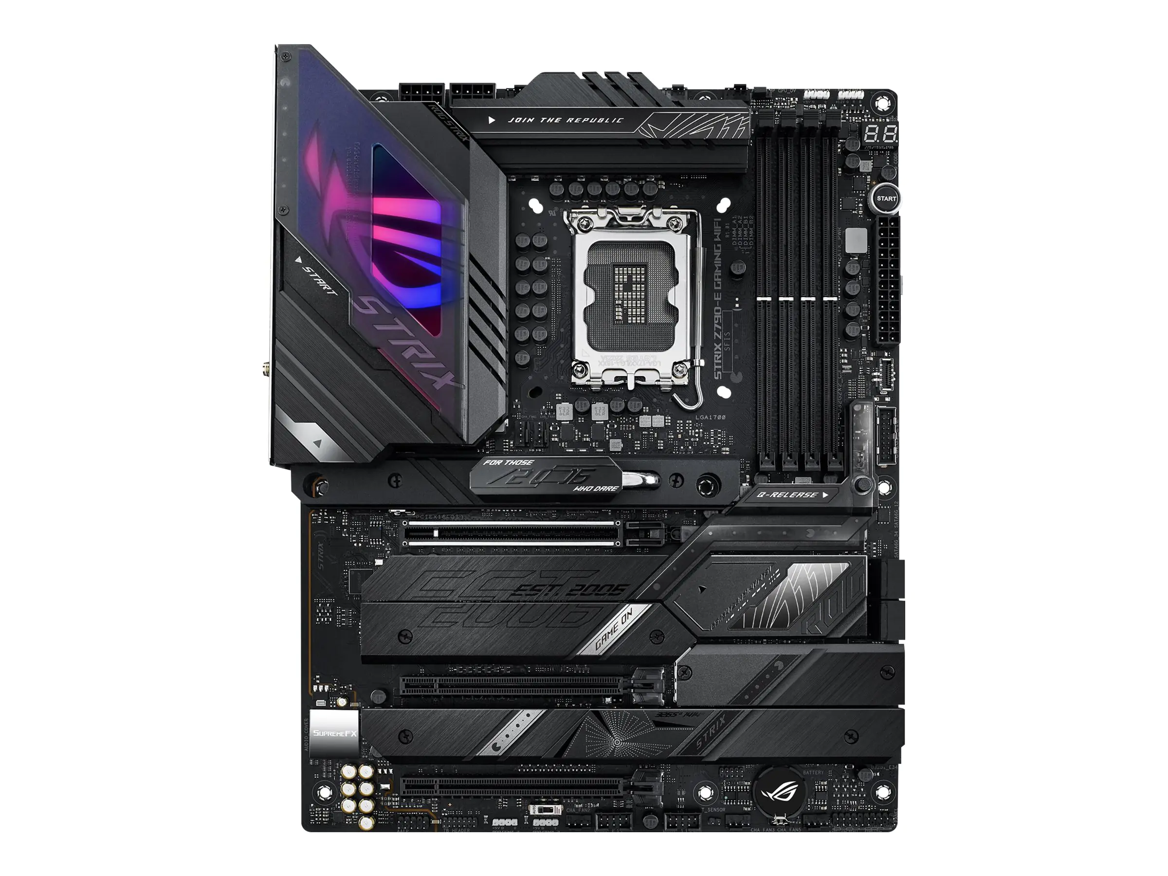 ASUS ROG Strix Z790-E Gaming WiFi - Motherboard - ATX - LGA1700-Sockel - Z790 Chipsatz - USB-C 3.2 Gen 2x2, USB-C 3.2 Gen2, USB 3.2 Gen 1, USB 3.2 Gen 2 - 2.5 Gigabit LAN, Wi-Fi 6 - Onboard-Grafik (CPU erforderlich) - HD Audio (8-Kanal)