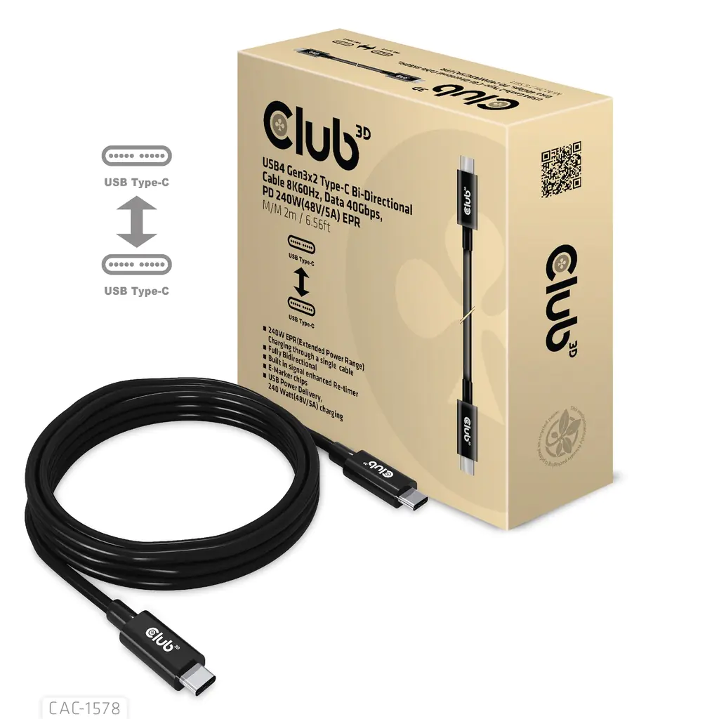 Club 3D USB4 Gen3x2 Type-C Bi-Direktional Kabel 8K60Hz 40Gbps PD 240W(48V/5A) EPR St/St 2m CAC-1578