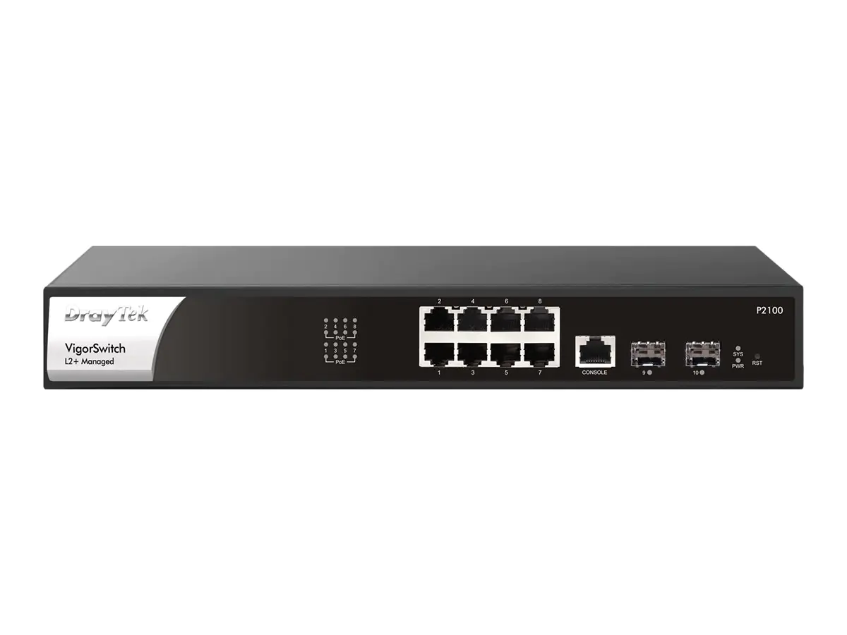 Draytek VigorSwitch P2100 - Switch - L2+ - managed - 8 x 10/100/1000 (PoE+) + 2 x Gigabit SFP - Desktop, an Rack montierbar - PoE+ (140 W)