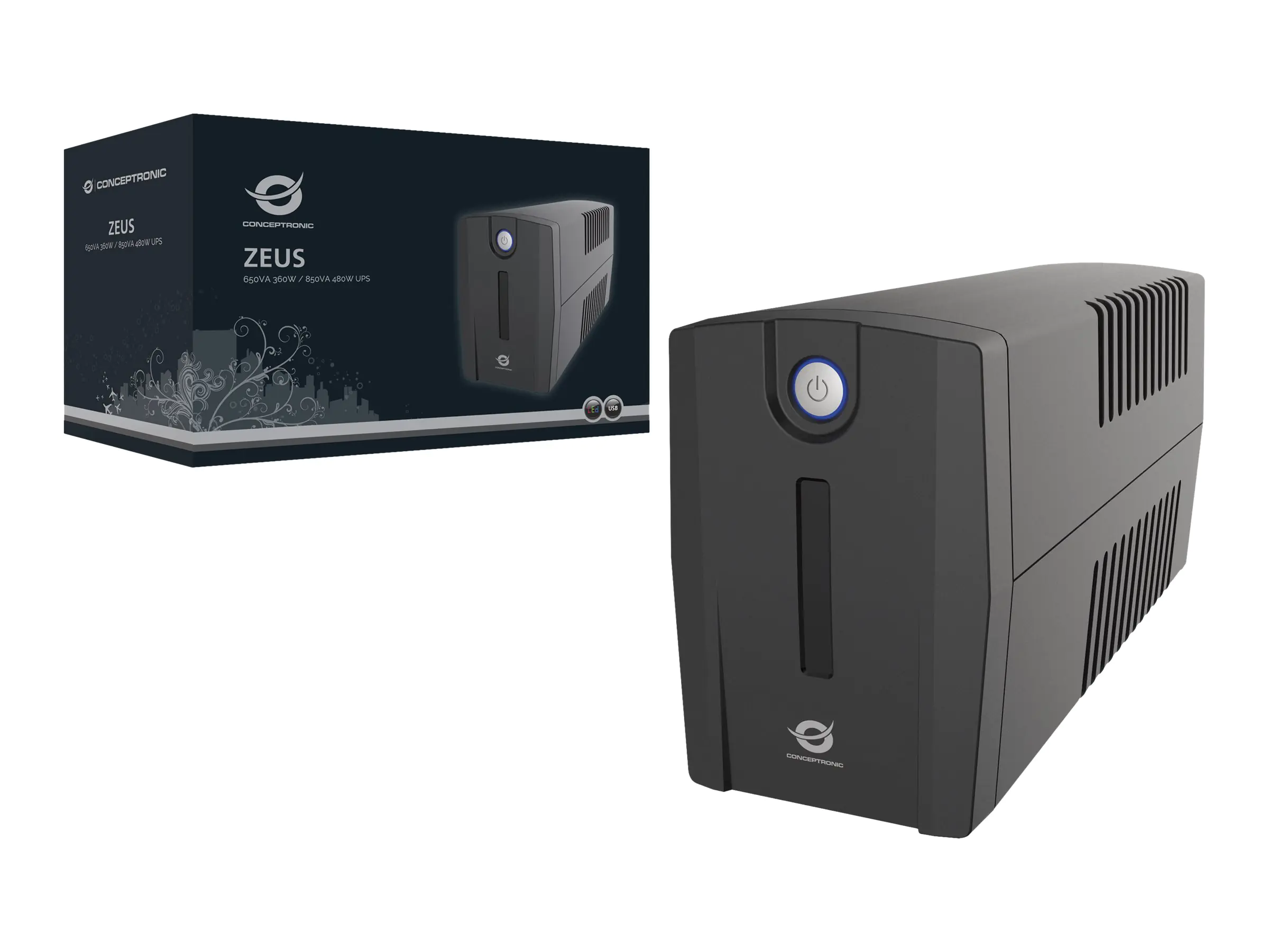 Conceptronic Zeus 01ESP - USV - Wechselstrom 220-240 V - 360 Watt - 650 VA - 7 Ah - USB - Ausgangsanschlüsse: 2 - Schwarz