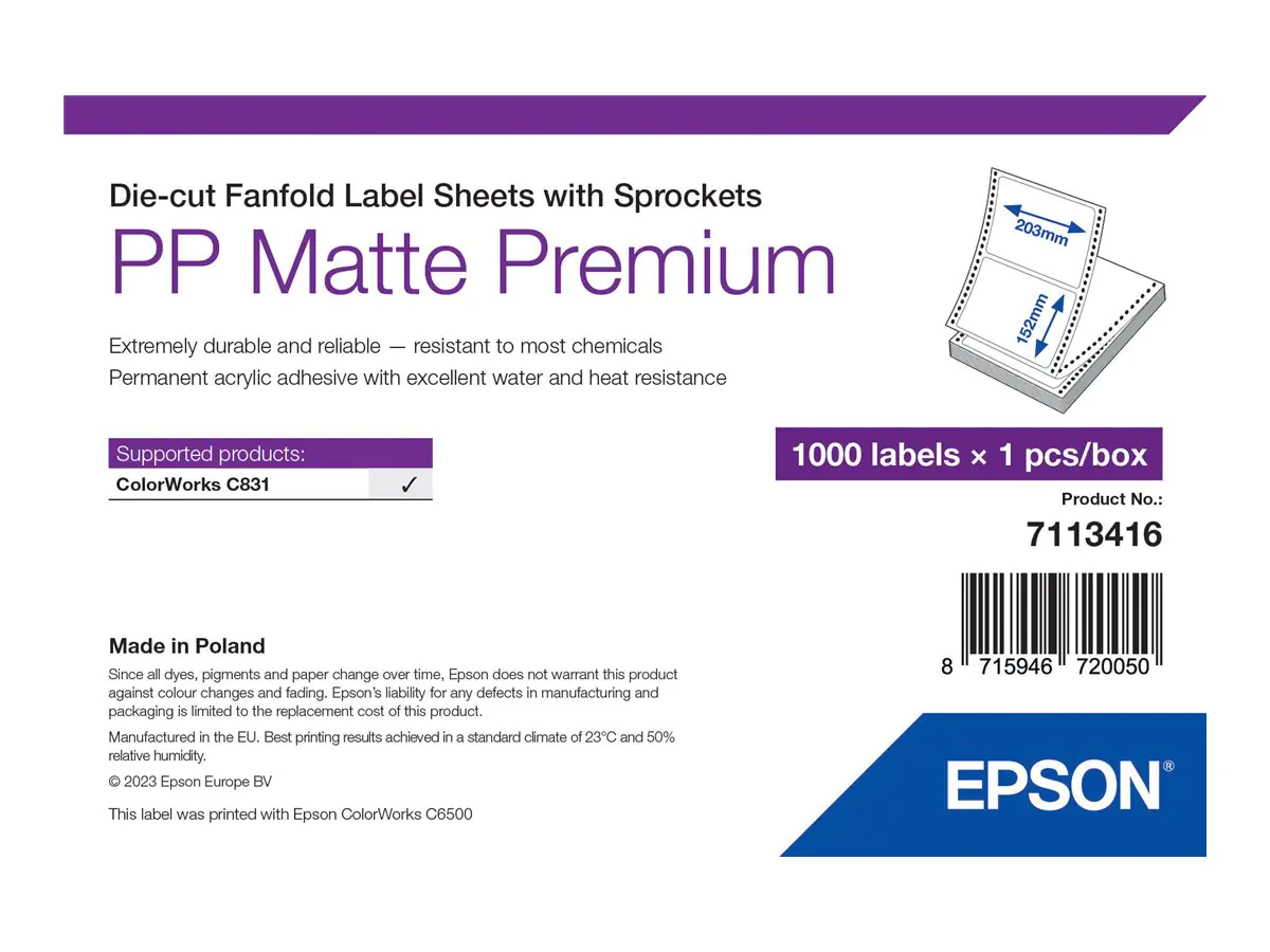 Epson Premium - Polypropylen (PP) - matt - permanenter Acrylklebstoff - 203 x 152 mm 1000 Etikett(en) (1 Bogen x 1000) Box - gestanzte Etiketten mit Ritzel Epson Premium - Polypropylen (PP) - matt - permanenter Acrylklebstoff - 203 x 152 mm 1000 Etikett(en) (1 Bogen x 1000) Box - gestanzte Etiketten mit Ritzel