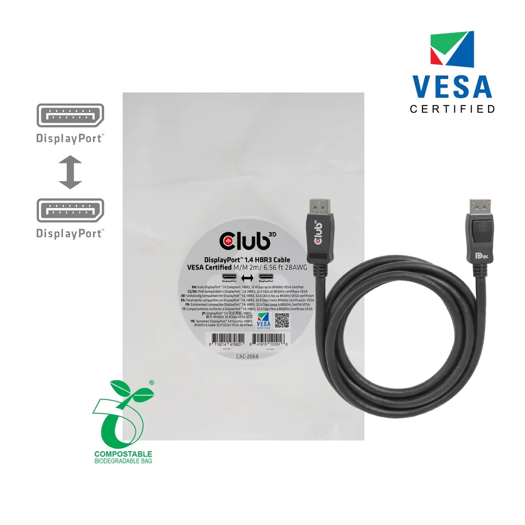 Club 3D DisplayPort 1.4 HBR3 8K60Hz Kabel Zertifiziert Stecker/Stecker 2 Meters CAC-2068