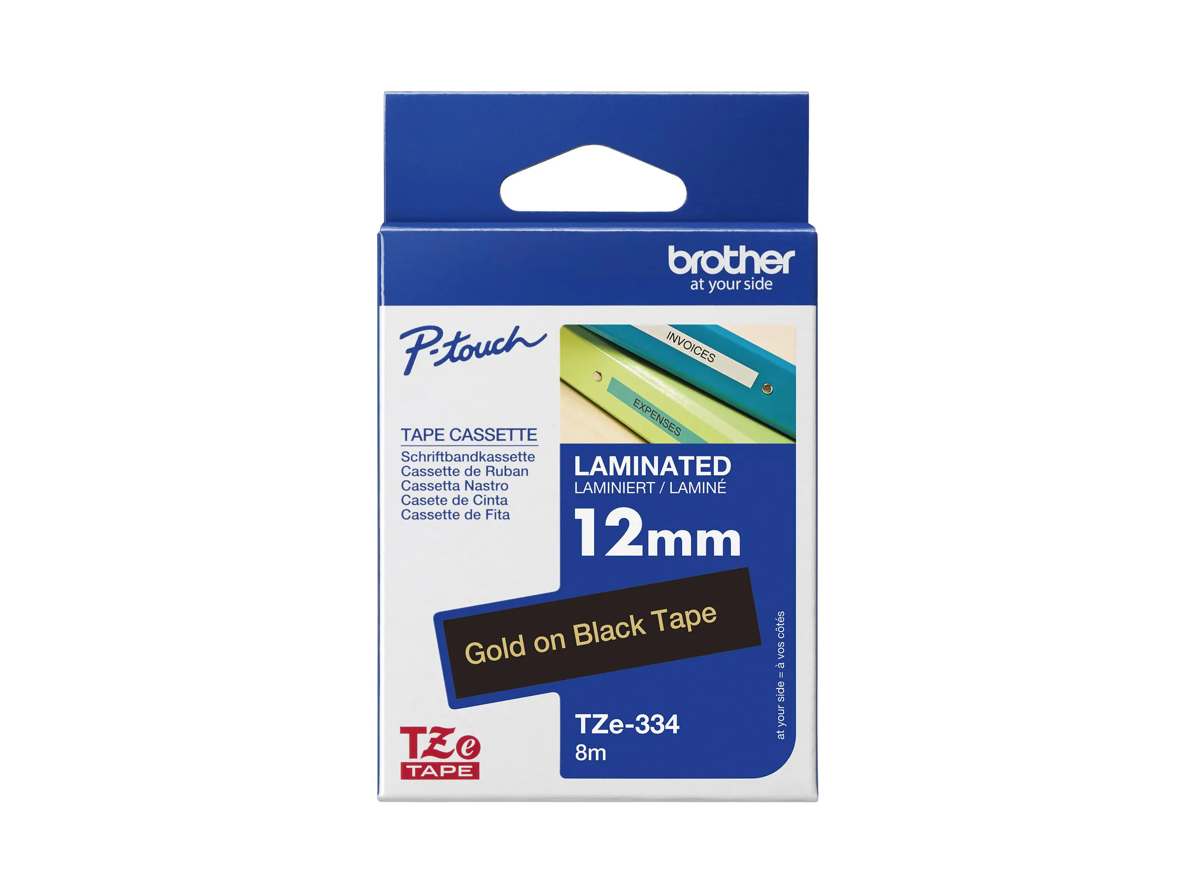 Brother TZe-334 - Selbstklebend - gold auf schwarz - Rolle (1,2 cm x 8 m) 1 Kassette(n) laminiertes Band - für Brother P-Touch Cube PT-P300BTAD, PT-P910BT; Brother P-Touch EDGE PT-P750WVP and P-Touch models.