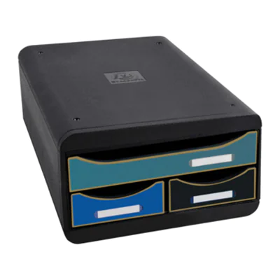 Exacompta Schubladenbox SMALL-BOX Mini 3 Schubladen DIN A4, Überbreite Polystyrol Gehäusefarbe: schwarz Farbe der Schublade: mehrfarbig Exacompta Schubladenbox SMALL-BOX Mini 3 Schubladen DIN A4, Überbreite Polystyrol Gehäusefarbe: schwarz Farbe der Schublade: mehrfarbig