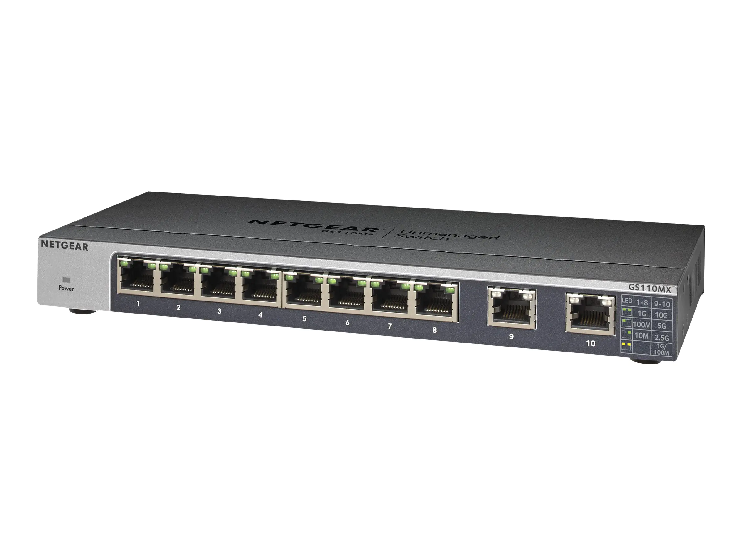 NETGEAR GS110MX - Switch - unmanaged - 8 x 1000Base-T + 2 x 100/1000/2,5 G/5 G/10 G (Uplink) - Desktop, an Rack montierbar, wandmontierbar - DC Power