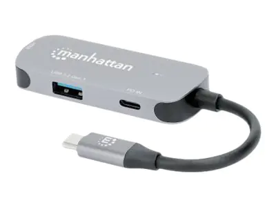 Manhattan USB-C Dock/Hub, Ports (x3): HDMI, USB-A and USB-C, With Power Delivery (100W) to USB-C Port (Note add USB-C wall charger and USB-C cable needed), All Ports can be used at the same time, Aluminium, Space Grey, Three Year Warranty, Retail Box - Do