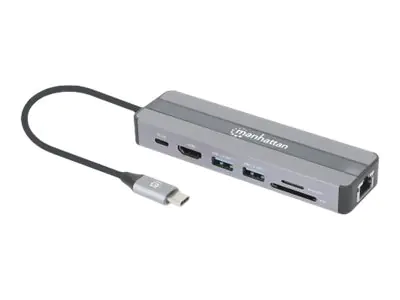 Manhattan USB-C Dock/Hub with Card Reader, Ports (x5): Ethernet, HDMI, USB-A (x2) and USB-C, With Power Delivery (87W) to USB-C Port (Note add USB-C wall charger and USB-C cable needed), All Ports can be used at the same time - Dockingstation - USB-C