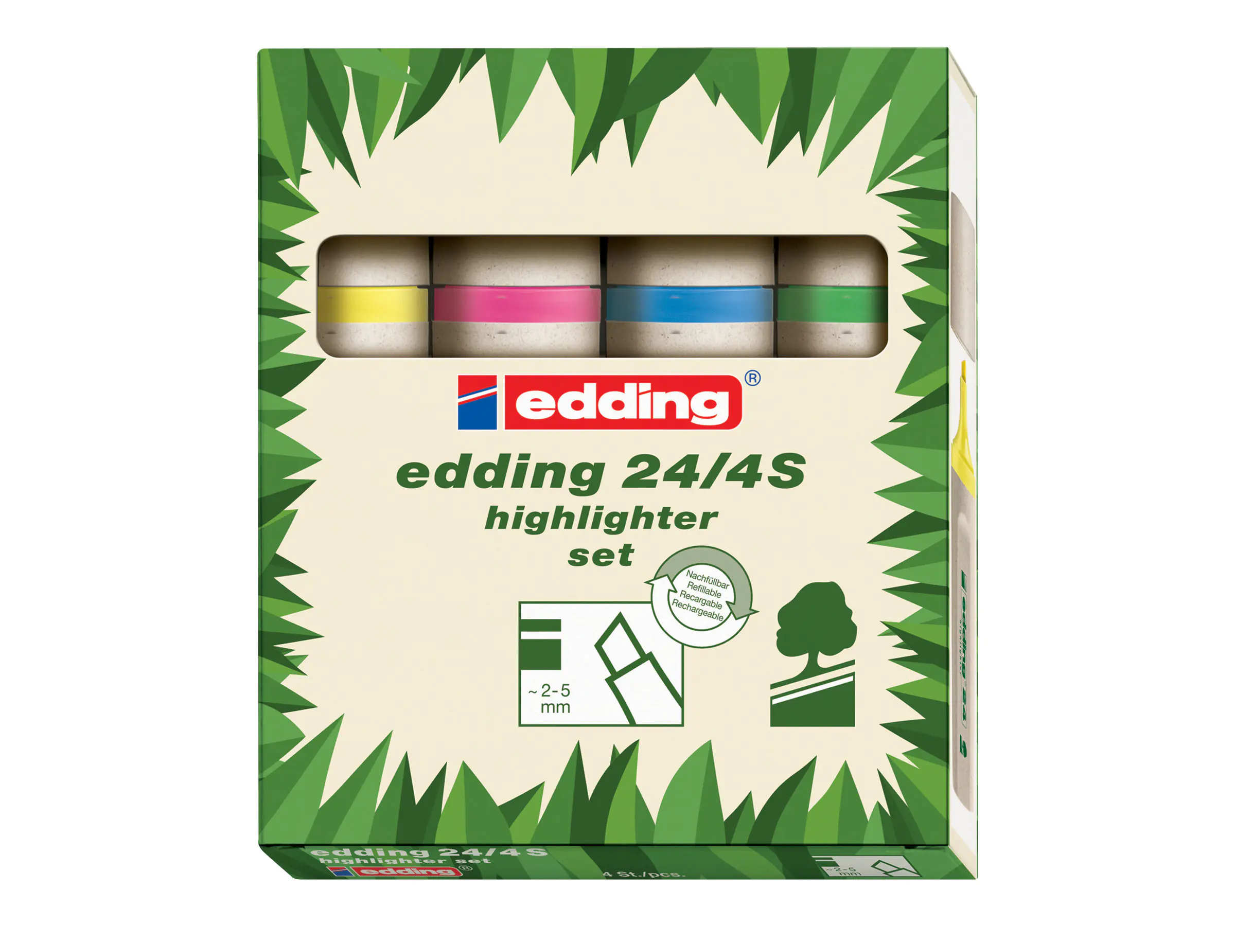 EDDING EcoLine 24 - Textmarker - Gelb, Orange, rosa, Hellgrün - wasserbasierte Tinte - 2-5 mm (Packung mit 4) 4-24-4