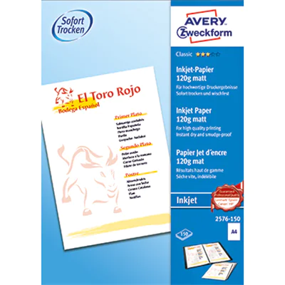 Avery Zweckform Inkjetpapier Classic DIN A4 120g/m² chlorfrei gebleicht weiß 150 Bl./Pack. Avery Zweckform Inkjetpapier Classic DIN A4 120g/m² chlorfrei gebleicht weiß 150 Bl./Pack.