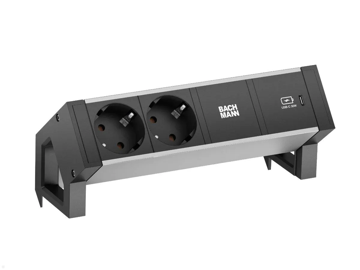 Bachmann DESK 2, Tischanschlussfeld 2x Steckdose, USB-C-Charger 30W, alu/schwarz Bachmann DESK 2, Tischanschlussfeld 2x Steckdose, USB-C-Charger 30W, alu/schwarz
