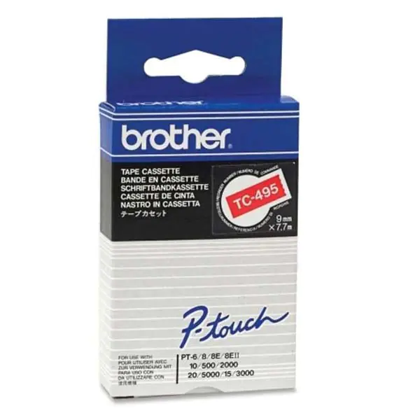 Brother TC495 - 9 mm x 7.7 m - Weiß auf Rot - laminiertes Band - für P-Touch PT-2000, PT-3000, PT-500, PT-5000, PT-8E