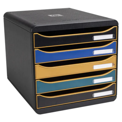 Exacompta Schubladenbox BIG-BOX plus 5 Schubladen DIN A4, Überbreite Polystyrol Gehäusefarbe: schwarz Farbe der Schublade: mehrfarbig Exacompta Schubladenbox BIG-BOX plus 5 Schubladen DIN A4, Überbreite Polystyrol Gehäusefarbe: schwarz Farbe der Schublade: mehrfarbig