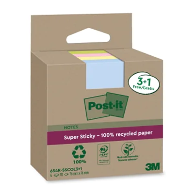 Post-it® Haftnotiz Recycling Notes Super Sticky 76 x 76 mm (B x H) je 1 x blau, grün, pink, gelb 70 Bl./Block 4 Block/Pack. Post-it® Haftnotiz Recycling Notes Super Sticky 76 x 76 mm (B x H) je 1 x blau, grün, pink, gelb 70 Bl./Block 4 Block/Pack.