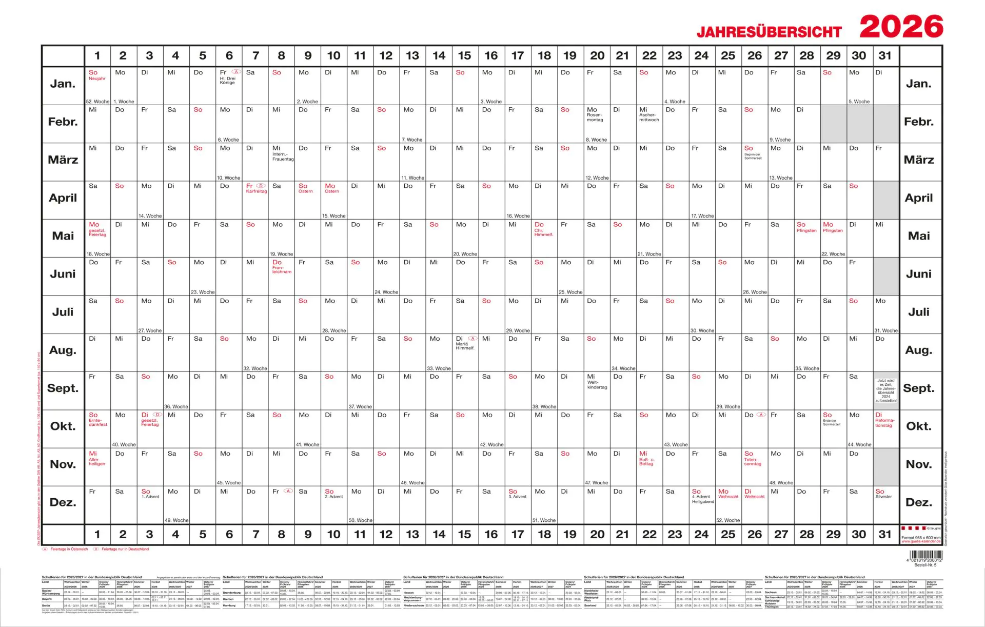 GÜSS Jahresübersicht DIN A2 60x40cm schwarz/rot