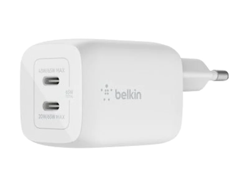 Belkin BoostCharge Pro GaN - Netzteil - PPS- und GaN-Technologie - 65 Watt - Fast Charge, PD 3.0 - 2 Ausgabeanschlussstellen (2 x USB-C) - weiß