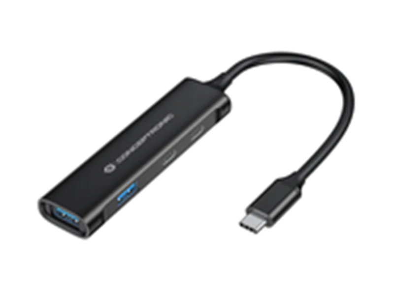 Conceptronic HUBBIES 4-Port-USB 3.0-Hub, USB-C-Anschluss, USB 3.2 Gen 1 (3.1 Gen 1) Type-C, 5000 Mbit/s, Schwarz, Aluminium, 0,15 m, USB HUBBIES12B