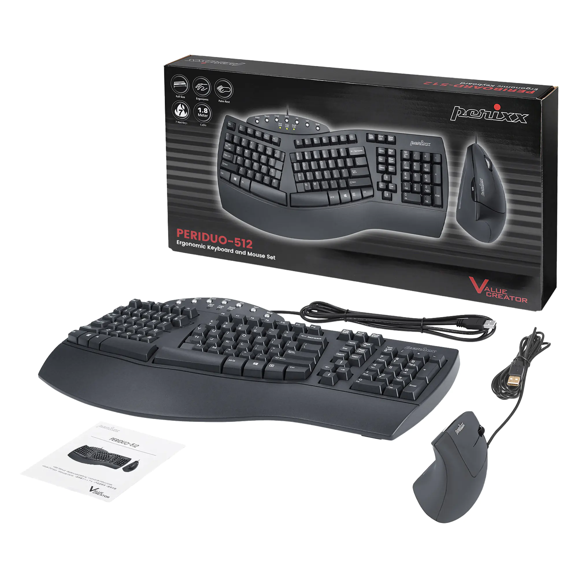 Perixx PERIDUO-512 DE Tastatur- und Maus-Set kabelgebunden ergonomisch