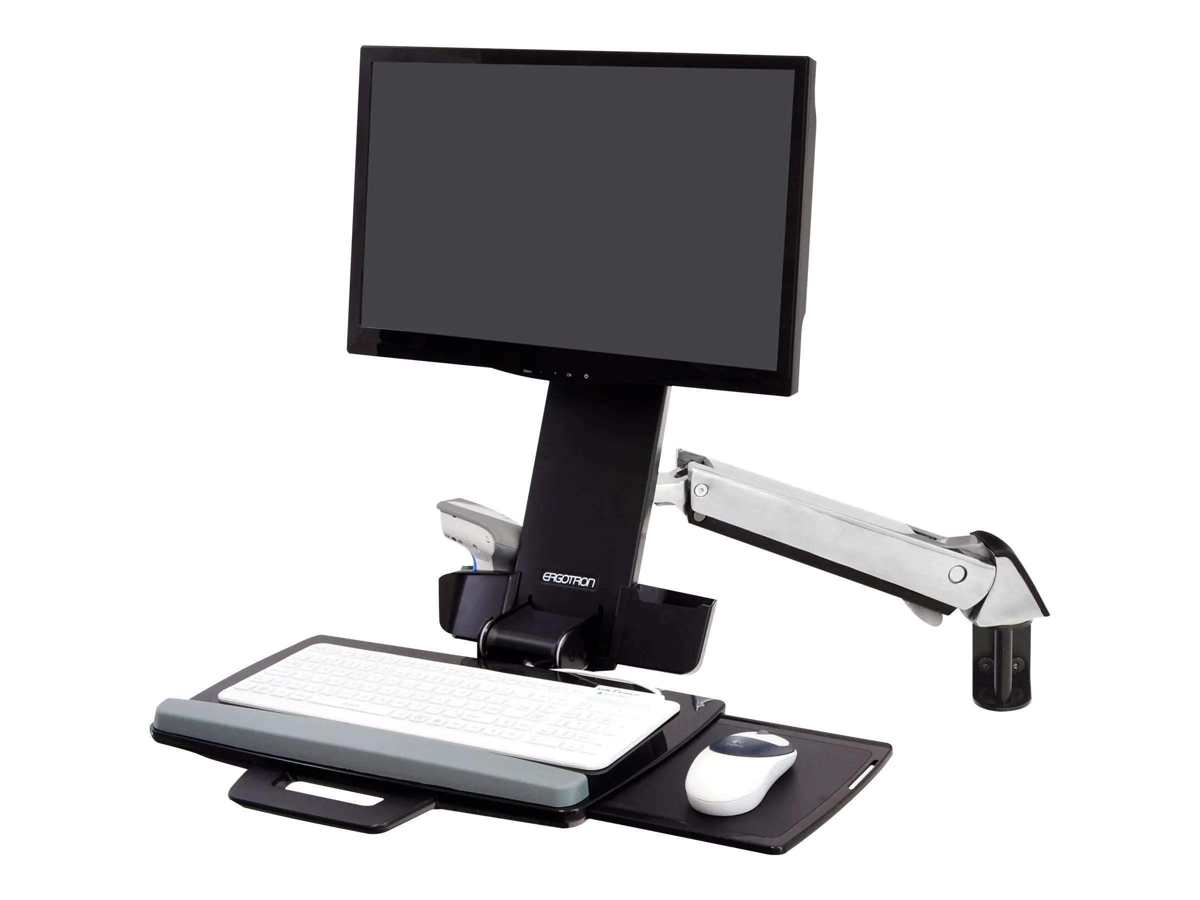 Ergotron - Befestigungskit (Handgelenkkissen, Schienenmontage Halterungsset, höhenverstellbare Halterung, Tastaturablage mit linker/rechter Mausablage, Ablage für Barcode-Scanner und Maus, Combo Schwenkarm) - für LCD-Display / PC-Ausrüstung - weiß - Bilds