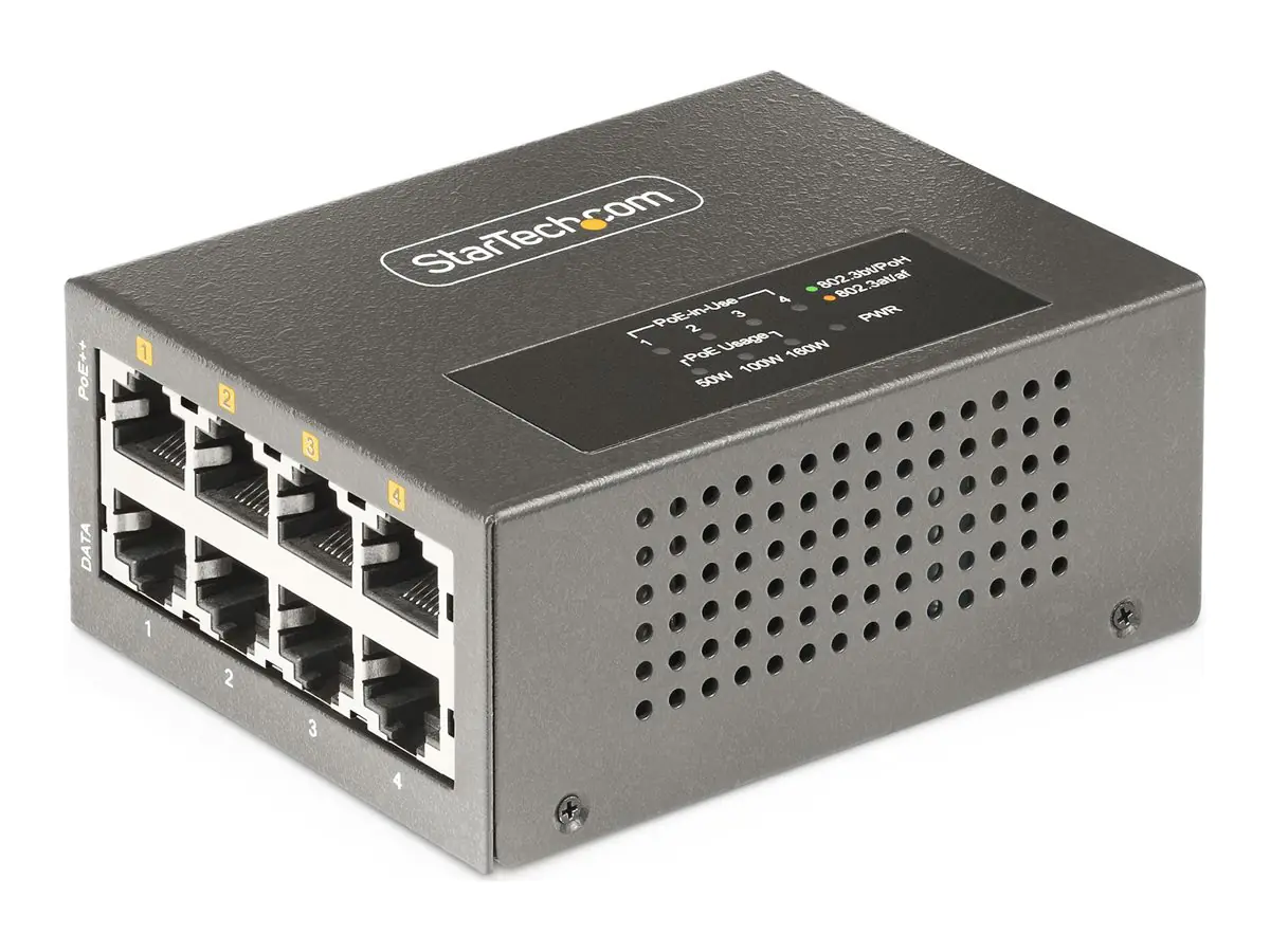 StarTech 4-Port Multi-Gigabit PoE++ Injector, 5/2.5G Ethernet (NBASE-T), PoE/PoE+/PoE++ (802.3af/802.3at/802.3bt), 160Watts Power Budget, Wall/DIN Rail Mountable - Unmanaged, For IP Cameras/Wireless APs/POSs (AS445C-POE-INJECTOR) - Power Injector (montier StarTech 4-Port Multi-Gigabit PoE++ Injector, 5/2.5G Ethernet (NBASE-T), PoE/PoE+/PoE++ (802.3af/802.3at/802.3bt), 160Watts Power Budget, Wall/DIN Rail Mountable - Unmanaged, For IP Cameras/Wireless APs/POSs (AS445C-POE-INJECTOR) - Power Injector (montier