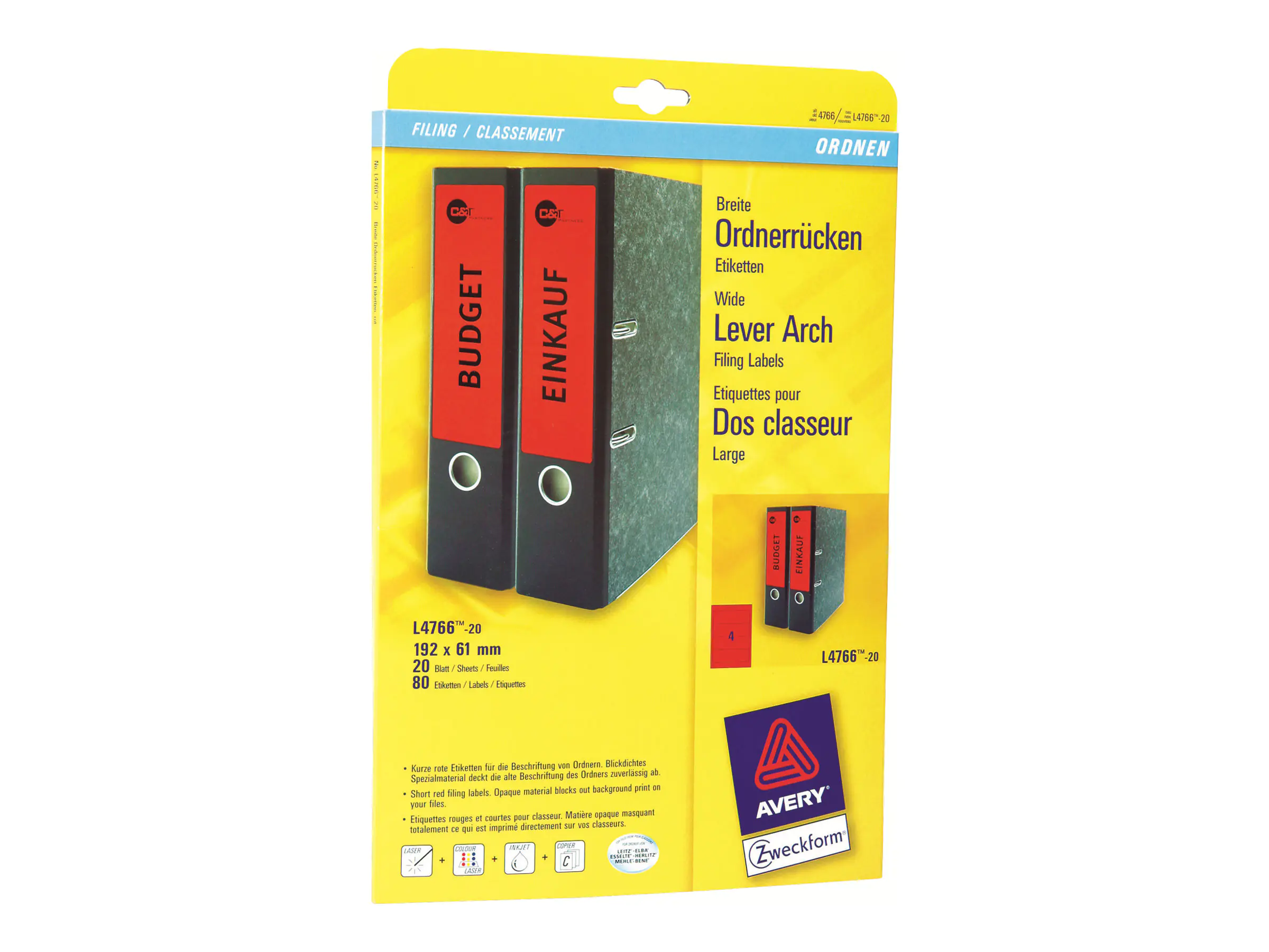 Avery Zweckform Ordneretikett L4766-20 61x192mm rt 80 St./Pack.