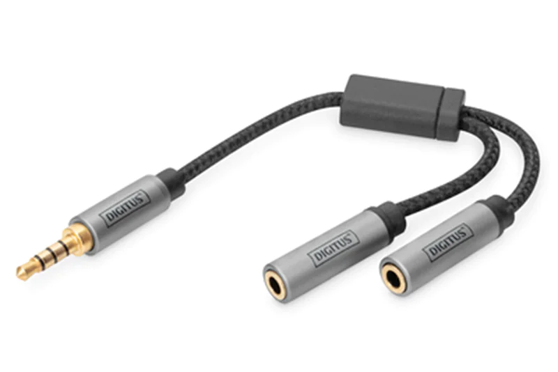 DIGITUS - Audio-Splitter - 4-poliger Mini-Stecker Stecker zu Mini-Stecker Gefäß - 20 cm - Doppelisolierung - Schwarz
