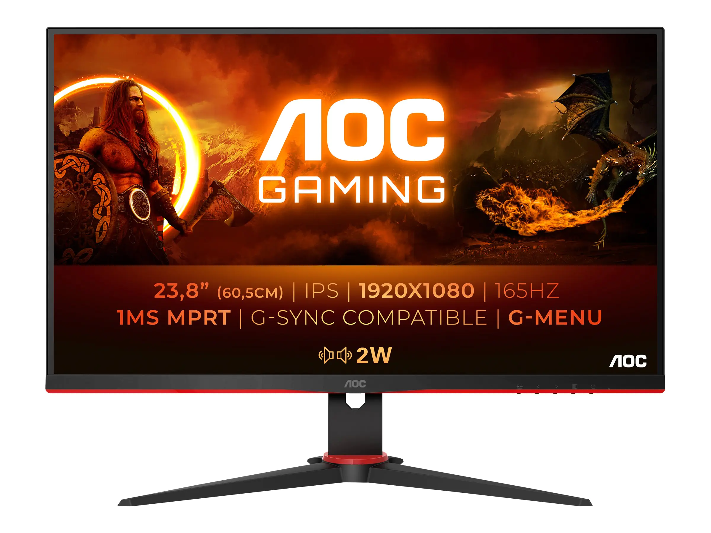 AOC Gaming 24G2SPAE/BK - G2 Series - LED-Monitor - Gaming - 60 cm (23.8") - 1920 x 1080 Full HD (1080p) @ 165 Hz - IPS - 300 cd/m² - 1000:1 - 1 ms - 2xHDMI, VGA, DisplayPort - Lautsprecher - Schwarz, Rot
