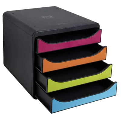 Exacompta Schubladenbox BIG-BOX 4 Schubladen DIN A4, Überbreite Polystyrol Gehäusefarbe: schwarz Farbe der Schublade: mehrfarbig Exacompta Schubladenbox BIG-BOX 4 Schubladen DIN A4, Überbreite Polystyrol Gehäusefarbe: schwarz Farbe der Schublade: mehrfarbig