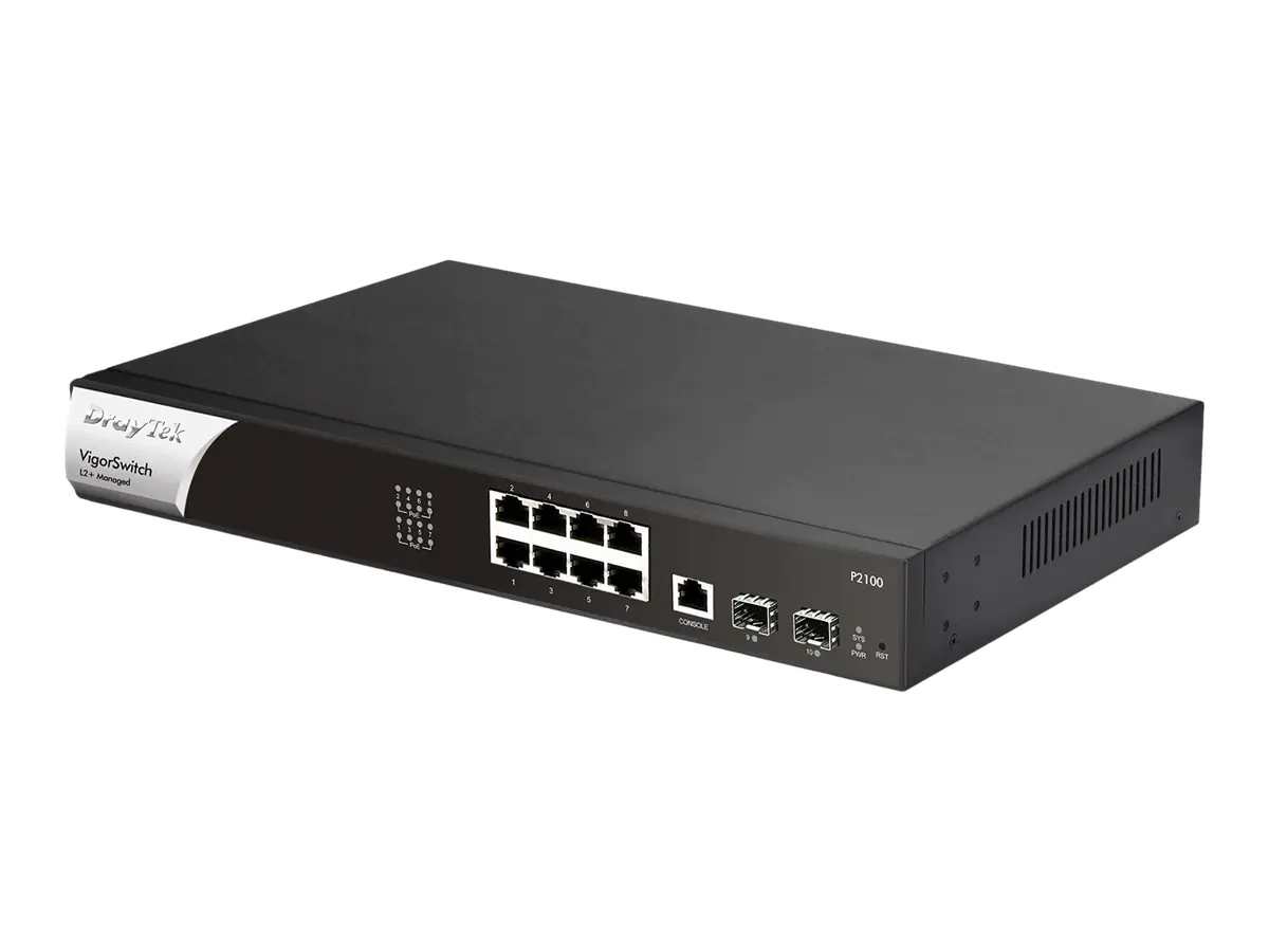 Draytek VigorSwitch P2100 - Switch - L2+ - managed - 8 x 10/100/1000 (PoE+) + 2 x Gigabit SFP - Desktop, an Rack montierbar - PoE+ (140 W)