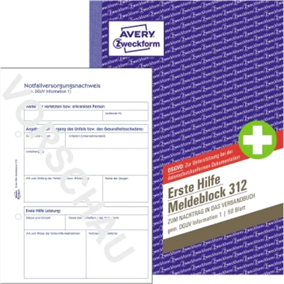 Avery Zweckform Meldeblock Erste Hilfe 312 A5 50 Blatt Avery Zweckform Meldeblock Erste Hilfe 312 A5 50 Blatt