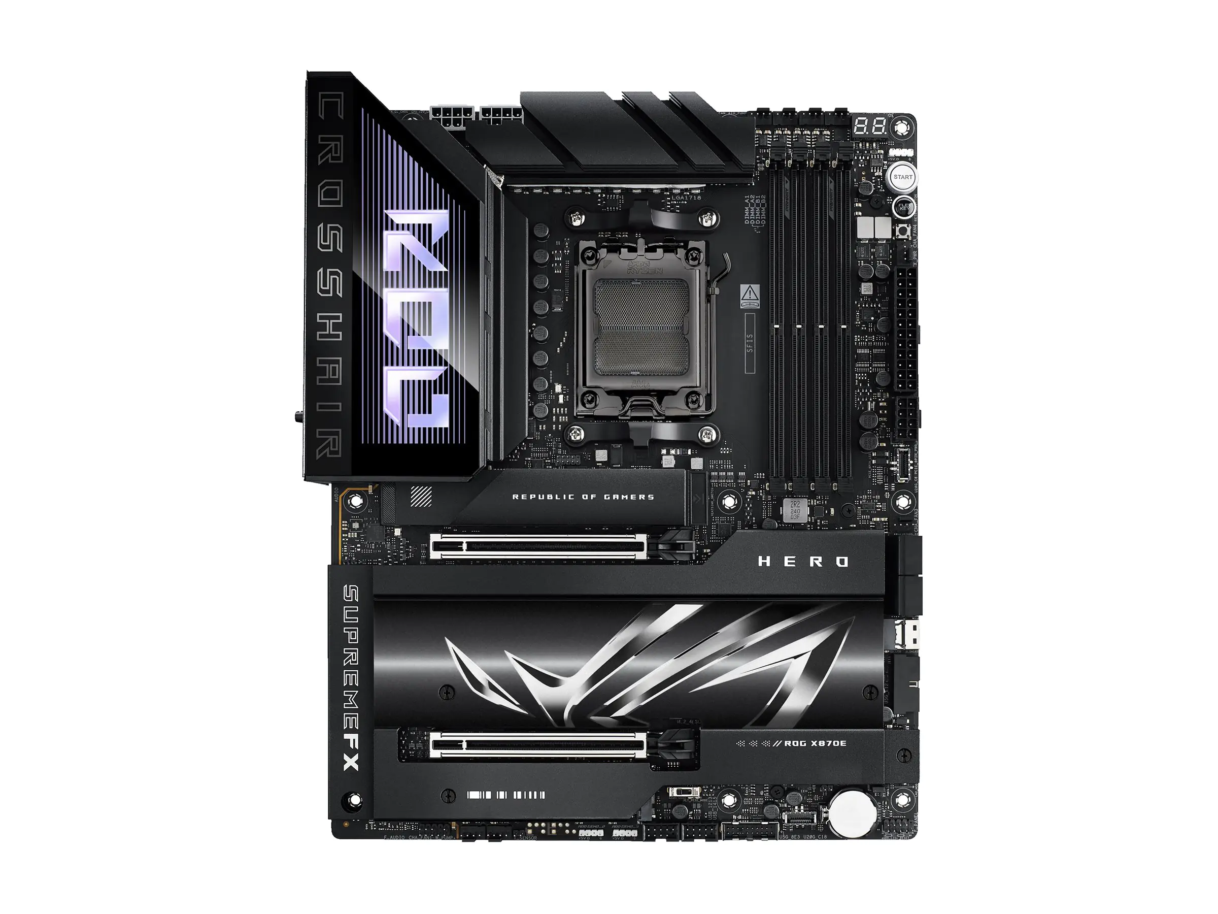 ASUS ROG CROSSHAIR X870E HERO - Motherboard - ATX - Socket AM5 - AMD X870E Chipsatz - USB4, USB 3.2 Gen 2, USB-C 3.2 Gen2, USB 3.2 Gen 1, USB-C 3.2 Gen 2x2 - Wi-Fi 7, Bluetooth, 5 Gigabit Ethernet - Onboard-Grafik (CPU erforderlich) 90MB1IE0-M0EAY0