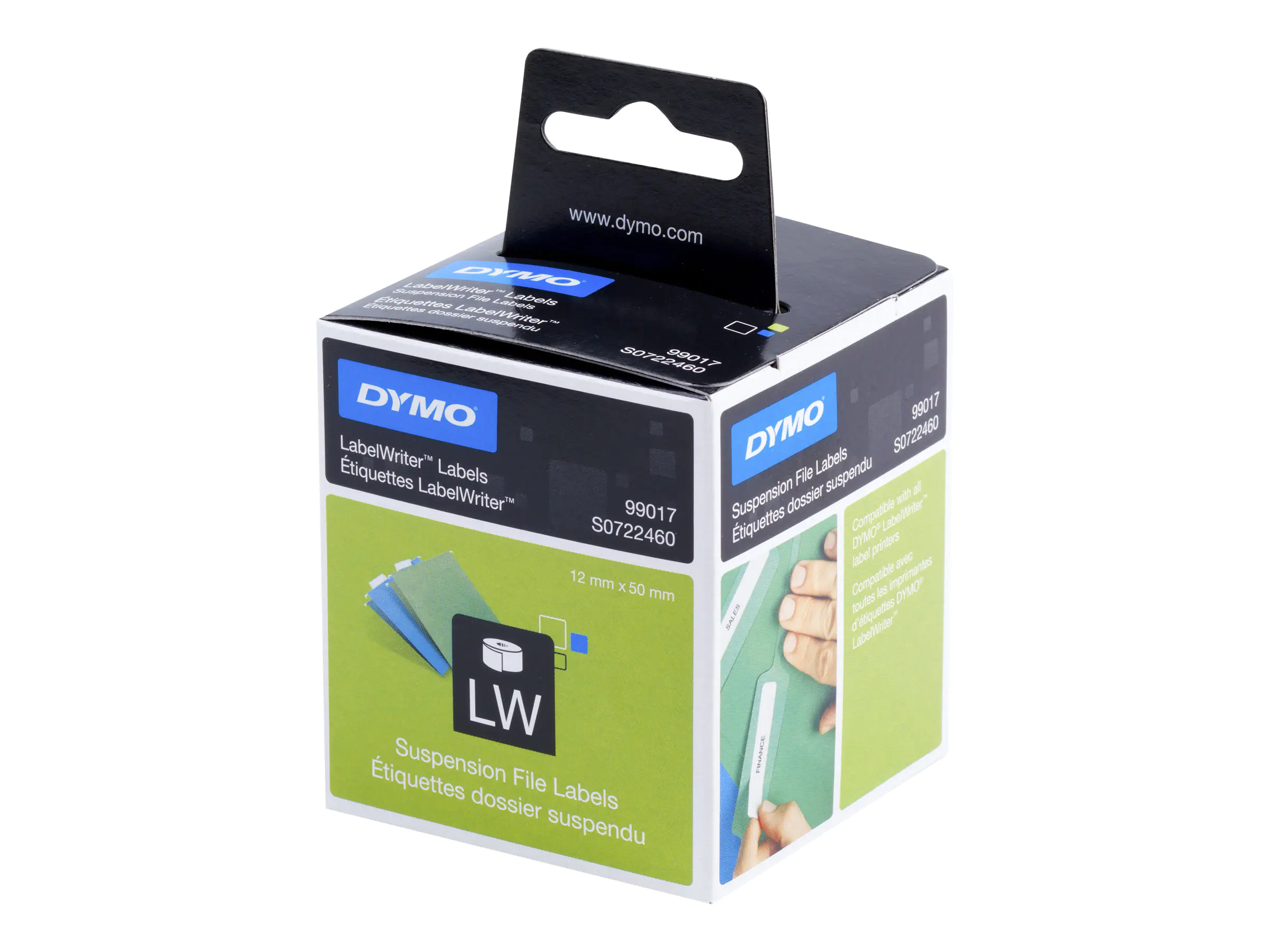 Dymo Original LabelWriter Etiketten für Hängemappen | 12 mm x 50 mm | Rolle mit 220 leicht ablösbaren Etiketten | selbstklebend | für LabelWriter Etikettendrucker und Beschriftungsgerät, Weiß, Selbstklebendes Druckeretikett, Papier, Permanent,