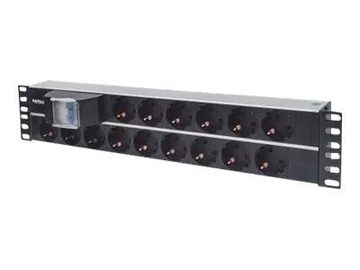 Intellinet 19" 15-fach Steckdosenleiste, Schutzkontakt, Doppelter Leitungsschutzschalter, 3 m Stromkabel, 2 HE - Steckdosenleiste (Rack - einbaufähig) - Wechselstrom 250 V - Eingabe, Eingang CEE 7/4 - Ausgangsanschlüsse: 15 (CEE 7/3) - 2U - 48.3 cm (19")