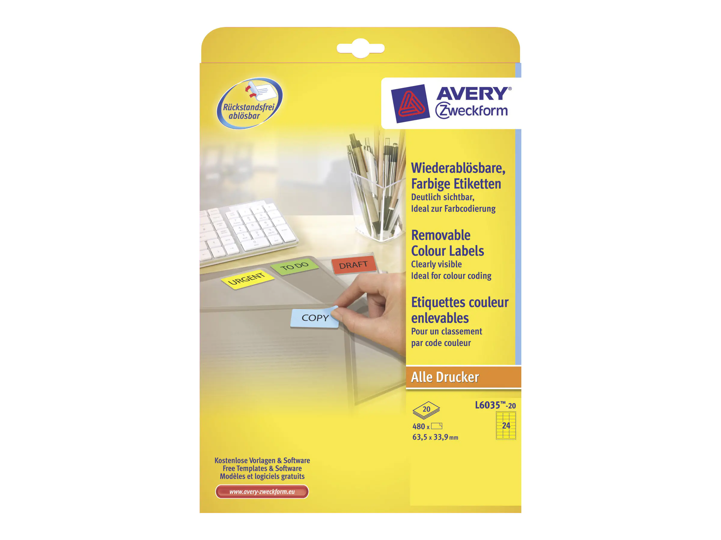 Zweckform Avery L6035 - Permanenter Klebstoff - Gelb - 33.9 x 63.5 mm 480 Etikett(en) (20 Bogen x 24)