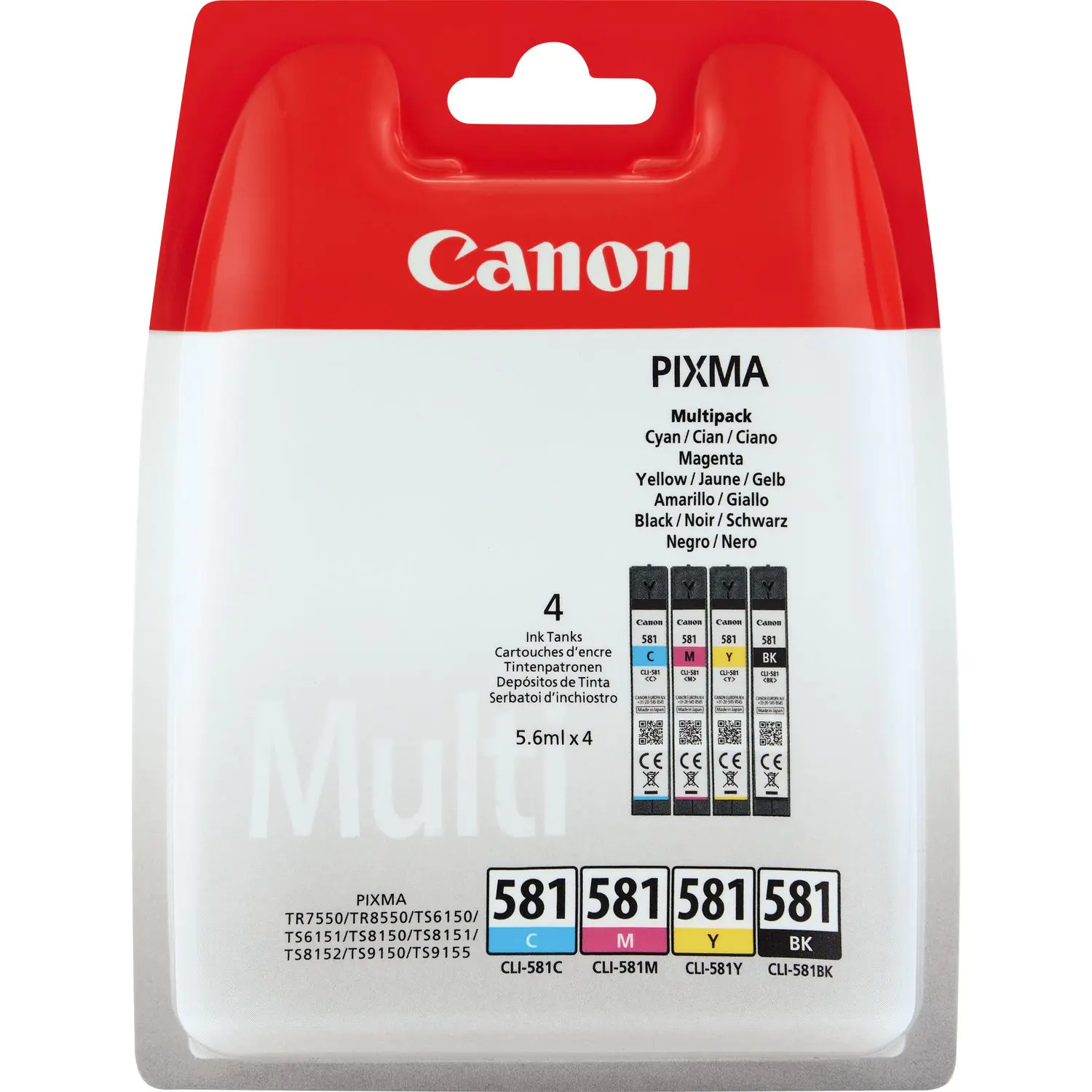 Canon CLI-581 BK/C/M/Y Multi Pack - 4er-Pack - 5.6 ml - Schwarz, Gelb, Cyan, Magenta - Original - Blisterverpackung - Tintenbehälter - für PIXMA TS6250, TS6251, TS6350, TS6351, TS8250, TS8251, TS8252, TS9155, TS9550, TS9551 Canon CLI-581 BK/C/M/Y Multi Pack - 4er-Pack - 5.6 ml - Schwarz, Gelb, Cyan, Magenta - Original - Blisterverpackung - Tintenbehälter - für PIXMA TS6250, TS6251, TS6350, TS6351, TS8250, TS8251, TS8252, TS9155, TS9550, TS9551