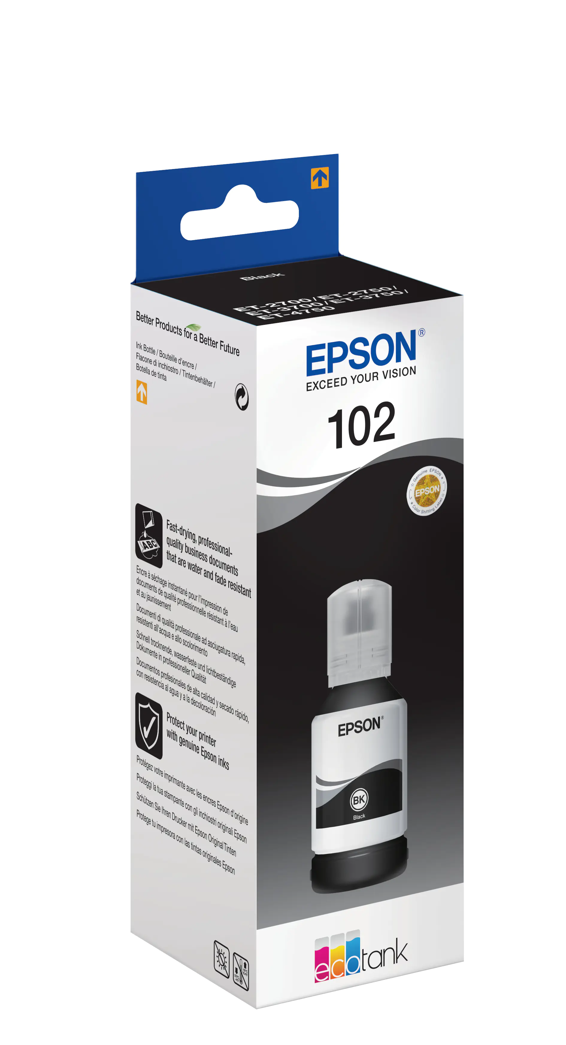 Epson 102 - 127 ml - Schwarz - Original - Tintenbehälter - für EcoTank ET-15000, 2700, 2750, 2751, 2756, 3700, 3750, 4750; Expression ET-2700, 2750, 3700 Epson 102 - 127 ml - Schwarz - Original - Tintenbehälter - für EcoTank ET-15000, 2700, 2750, 2751, 2756, 3700, 3750, 4750; Expression ET-2700, 2750, 3700
