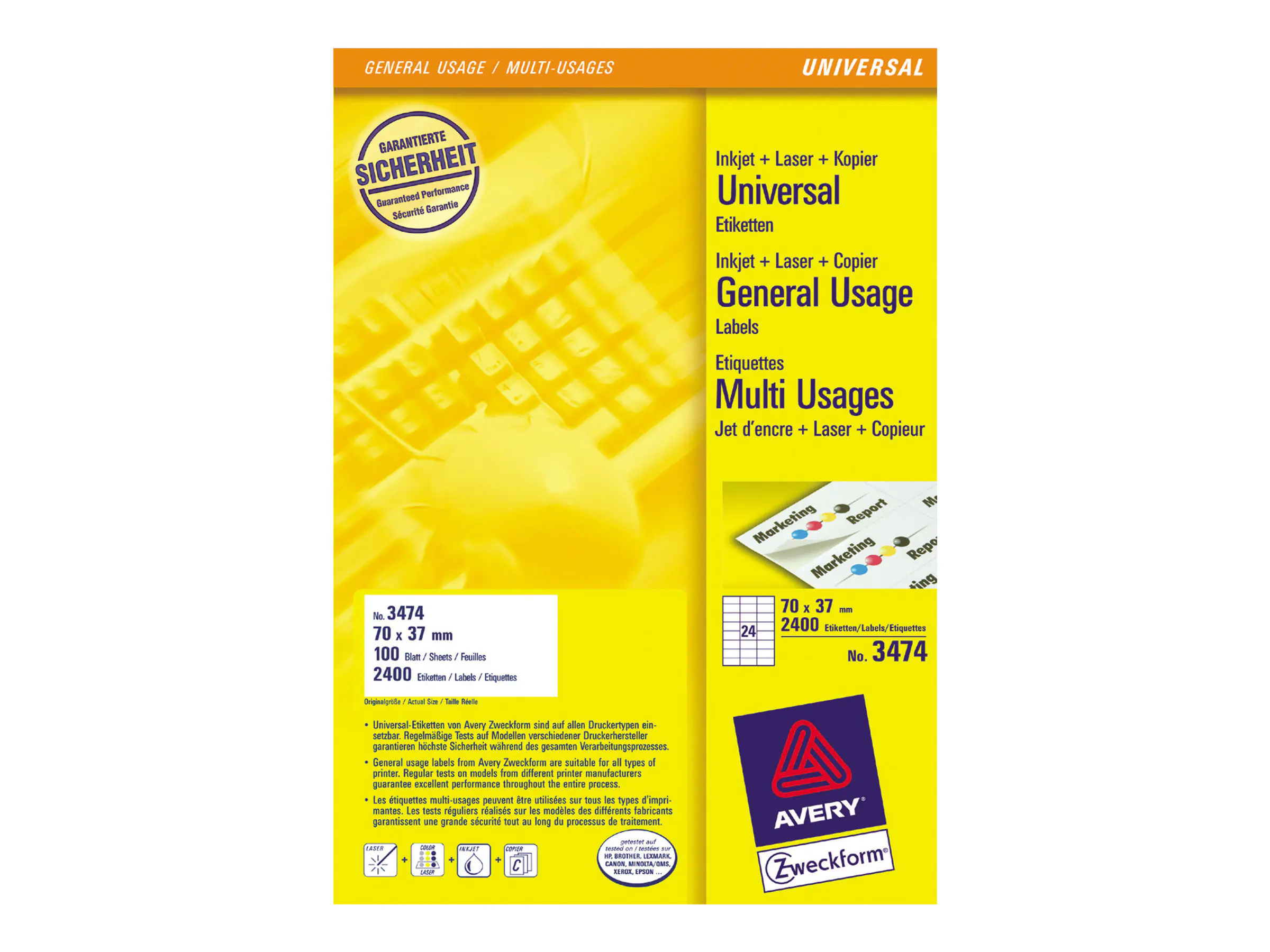 Avery Zweckform Universaletikett 3474 70x37mm weiß 2.400 St./Pack.