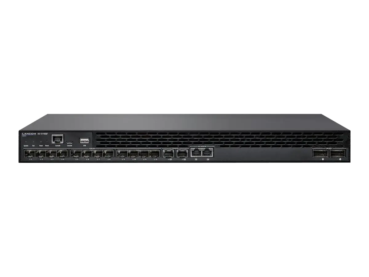 Lancom XS-5116QF - Switch - L3 - managed - 12 x 1 Gigabit / 10 Gigabit SFP+ + 2 x Combo 1/2.5/5/10 Gigabit Ethernet / 1/10 Gigabit SFP+ + 2 x 40 Gigabit QSFP+ (Uplink/Stacking) 61859