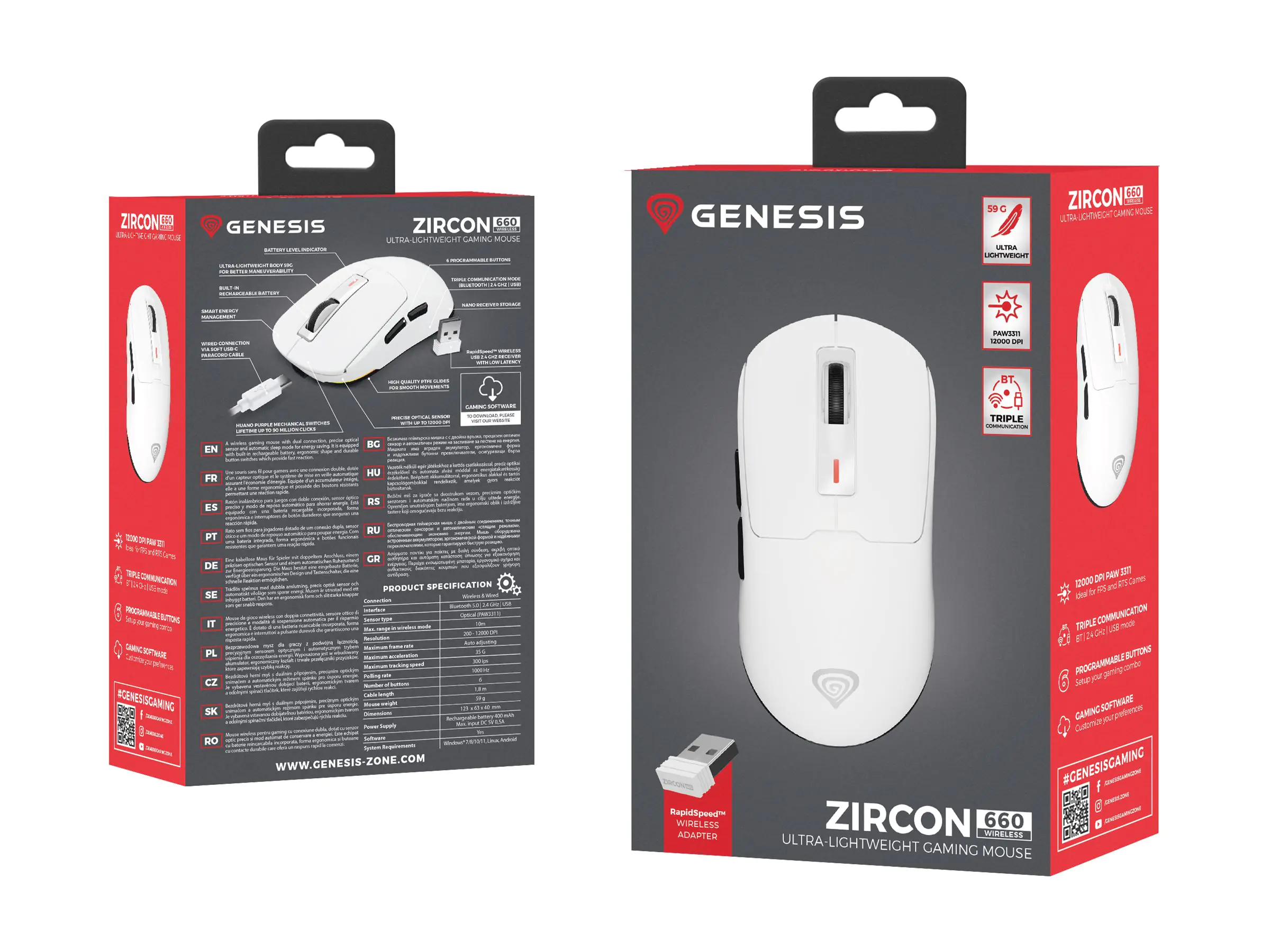 natec Genesis Zircon 660 - Maus - ultraleicht, Gaming - optisch - 6 Tasten - kabelgebunden, kabellos - USB-C, 2.4 GHz, Bluetooth 4.0, USB-A, Bluetooth 5.0 - kabelloser Empfänger (USB) NMG-2192