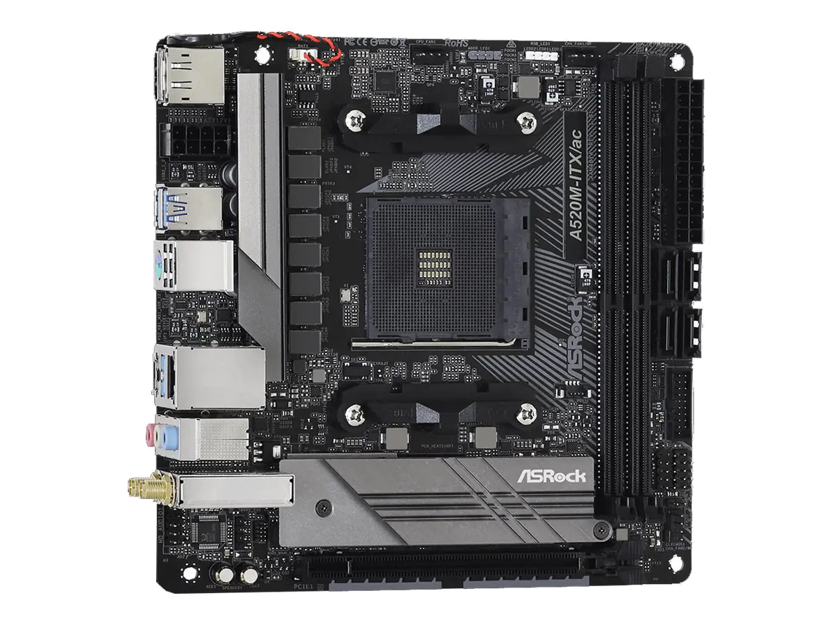 ASRock A520M-ITX/ac - Motherboard - Mini-ITX - Socket AM4 - AMD A520 Chipsatz - USB-C Gen1, USB 3.2 Gen 1 - Gigabit LAN, Wi-Fi, Bluetooth - Onboard-Grafik (CPU erforderlich) 90-MXBDG0-A0UAYZ