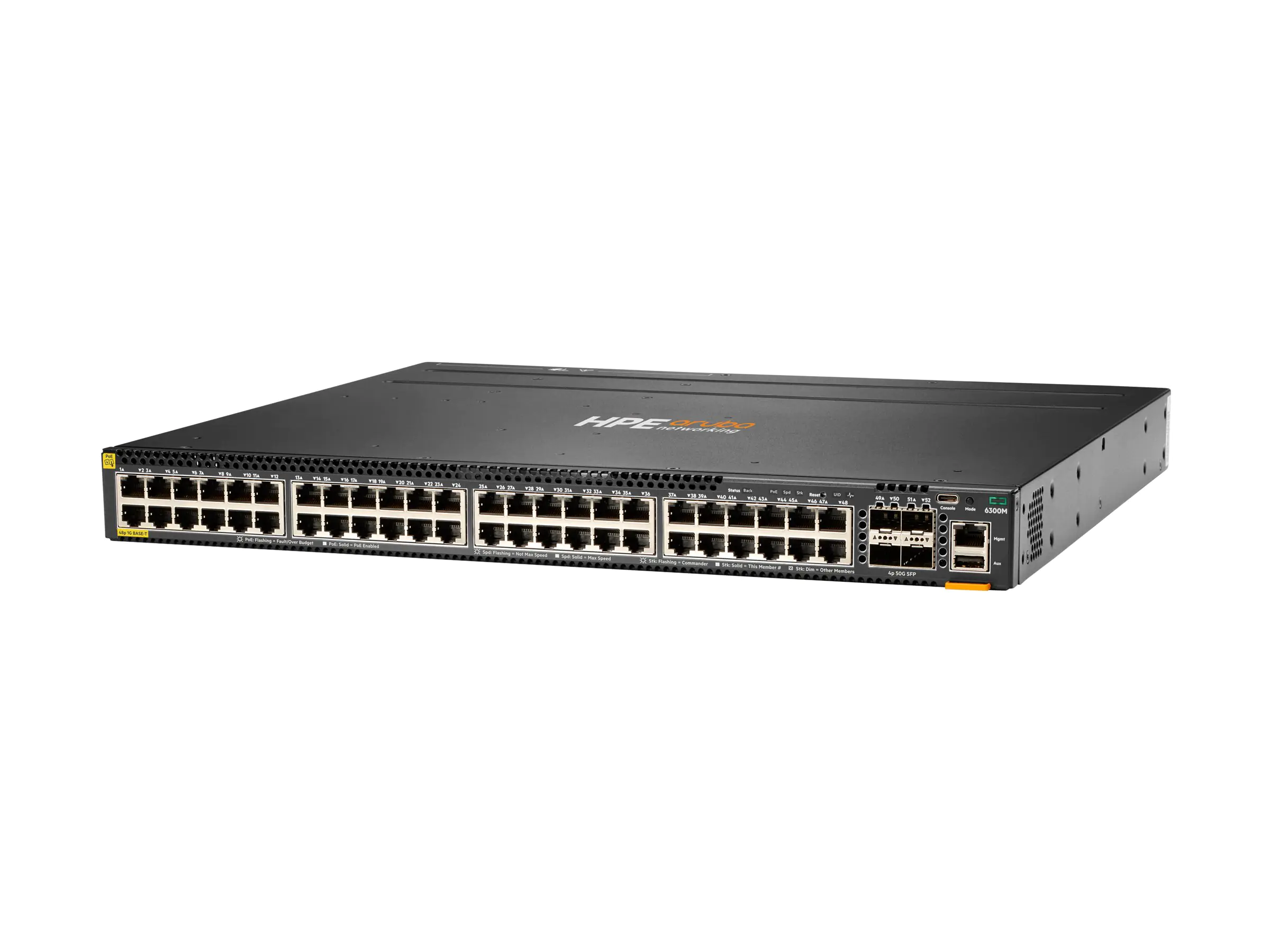 HPE Aruba 6300M - Switch - L3 - managed - 48 x 10/100/1000 (PoE+) + 4 x 1 Gigabit / 10 Gigabit / 25 Gigabit / 50 Gigabit SFP56 (Uplink / Stacking) - Front und Seite zu Hinterseite - an Rack montierbar - PoE+ (1440 W)