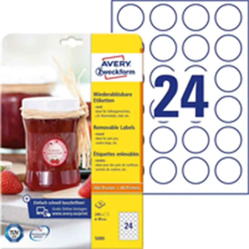 Avery Zweckform Avery 5080, Weiß, Kreis, Entfernbar, A4, Papier, Universal