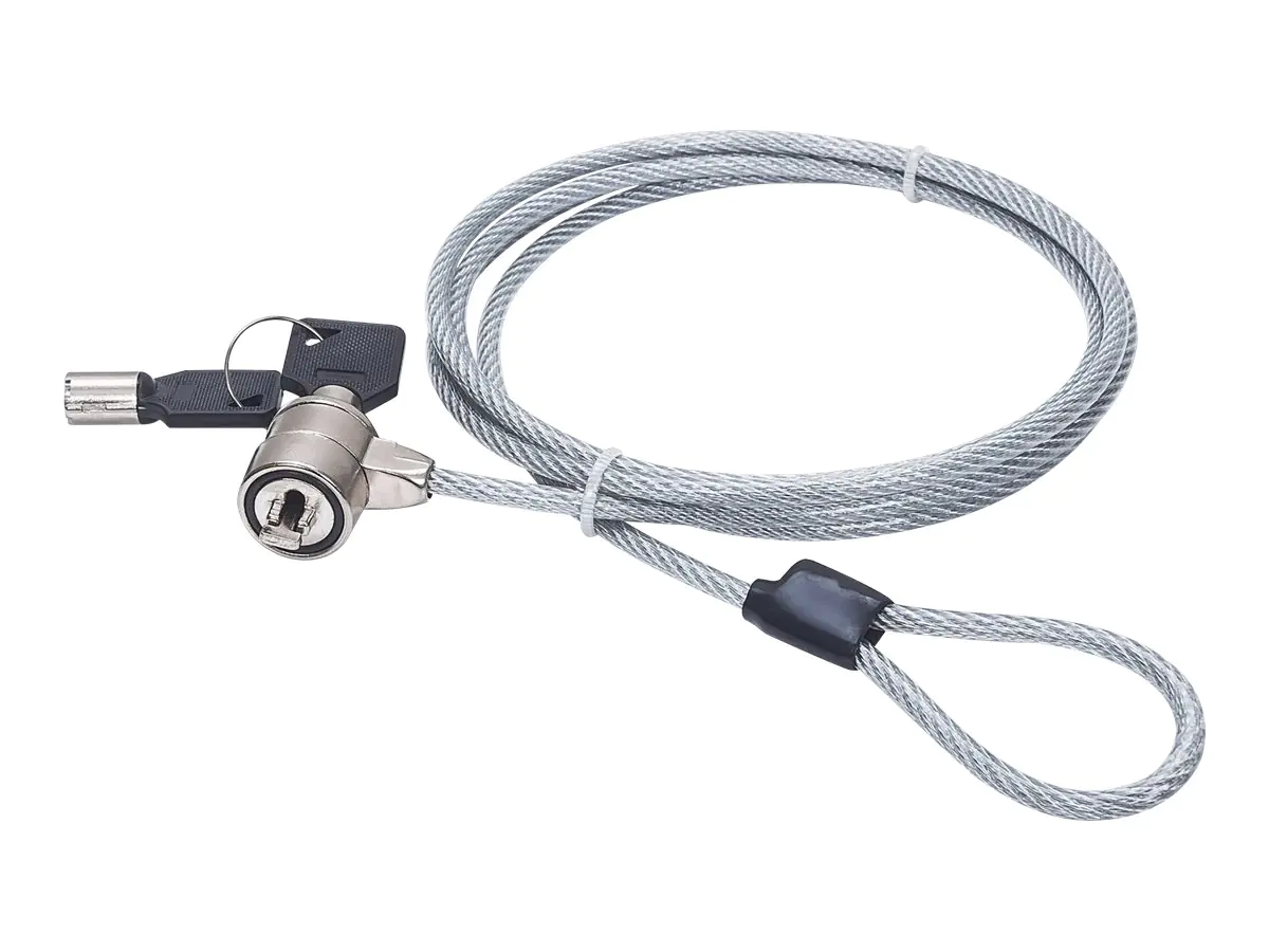 Manhattan Mobile Security Laptop Lock, Key Lock, 1.4m, Compatible with Kensington style locks, Strong Steel Cable (3mm thick), Diecast Zinc Alloy Lock, All Metal Construction Resist Tampering, Two Keys Included, Clear PVC Jacket, Lifetime Warranty, Bliste